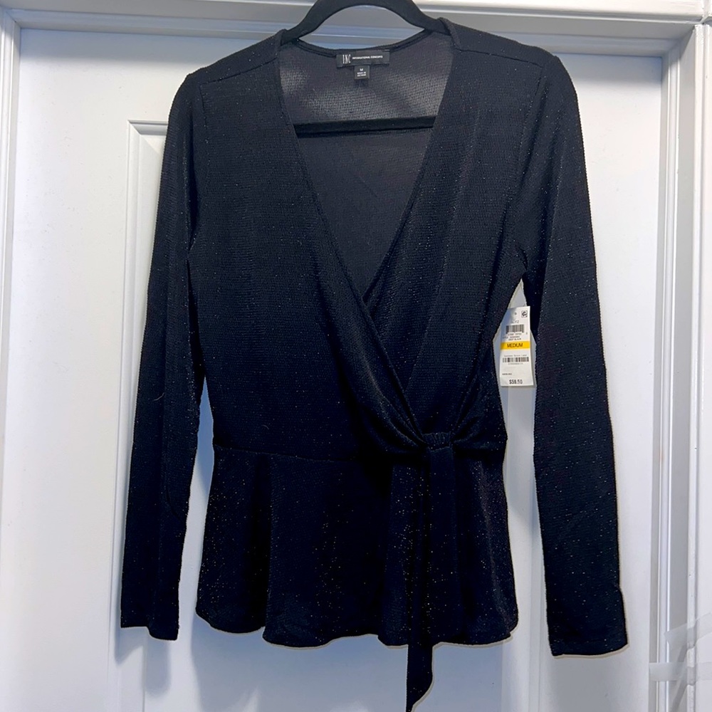 Women’s Medium INC Black Glittzy Faux Wrap Long Sleeve Blouse